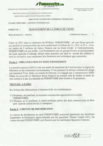 Management de la Force de Vente BTS Gestion Commerciale 2013