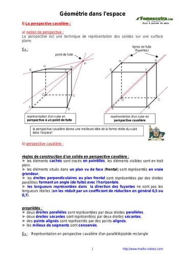 Géométrie dans l'espace - Cours maths niveau 2nd C