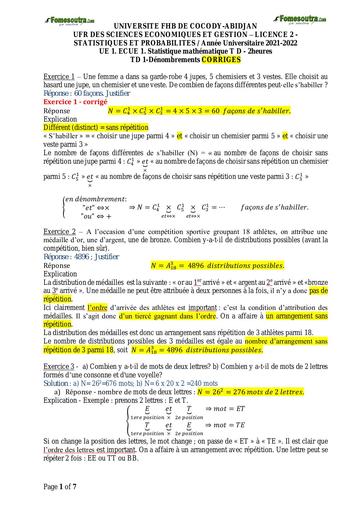 UFHB de Cocody (Denombrement) L2 CORRECTIONS TD1 2021 2022 by TEHUA