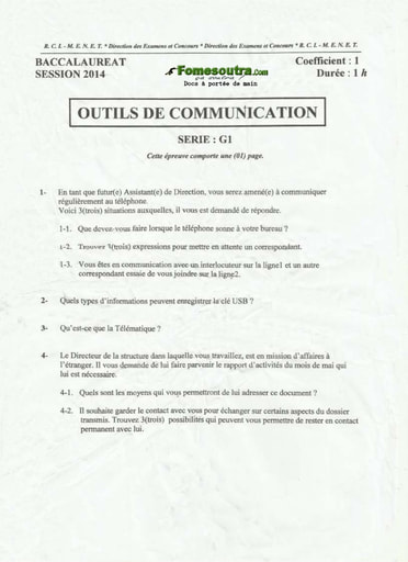 Sujets d'Outils de Communication BAC G1 2014