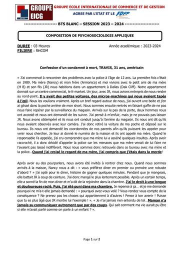 COMPOSITION DE PSYCHOSOCIOLOGIE APPLIQUEE RHC - SUJET BTS RHC PSA By Ludov Ta'n