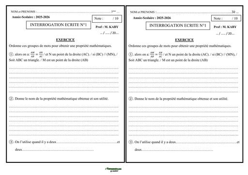INTERROGATION DE MATHS niveau 3ème (propriété de Thalès) N°4 by TEHUA