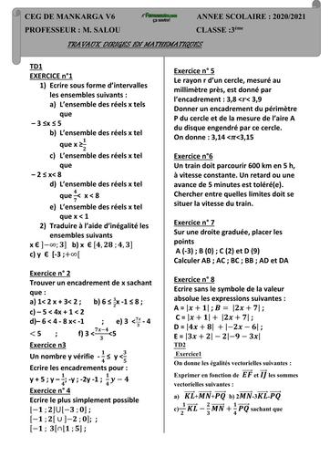 TD MATHS Niveau 3ième 2BY TEHUA