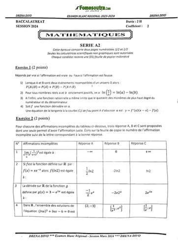 Bac blanc régional 2024 Maths série A2 sujet+barème dren divo by Tehua