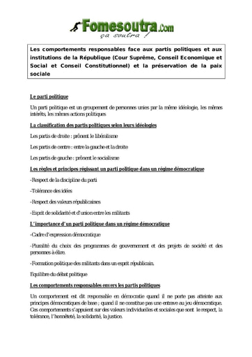 Les comportements responsables face aux partis politiques et aux institutions de la République et la préservation de la paix sociale