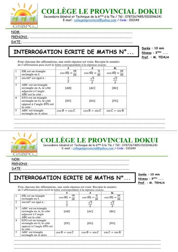 INTERROGATION ECRITE N°2 MATHE 3ième PROVINCIAL (PYTHAGORE)  DECEMBRE 2025 BY TEHUA