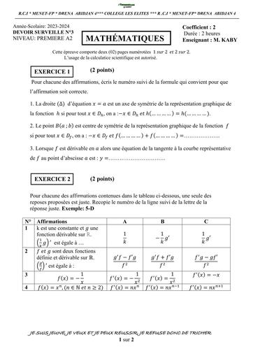 DEVOIR DE MATHS NIVEAU 1ière A CP DAVID 2024 BY TEHUA