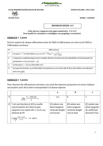 Devoir de Mathématiques niveau Terminale D - Lycée Moderne Jeunes Filles de Bouaké - Année scolaire 2021-2022