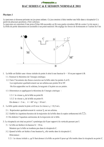 Sujet de Physique-Chimie BAC C et E 2011