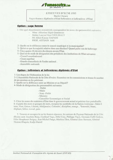 Sujet de ECM Infirmiers-Infirmières INFAS 1995