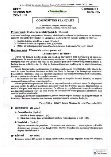 Bepc session 2025 zone 3 sujet composition française Côte d'Ivoire by TEHUA