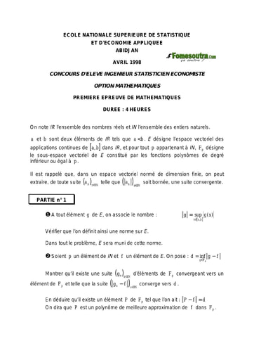 Sujet 1ère épreuve de maths ISE option maths 1998 (ENSEA - ENSAE - ISSEA)