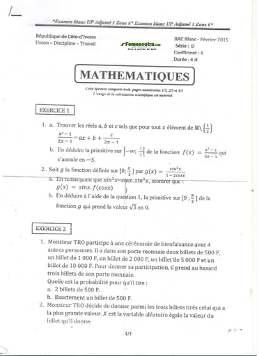 Sujet maths BAC blanc serie D 2015 - Unité Pédagogique Adjamé 1 zone 06