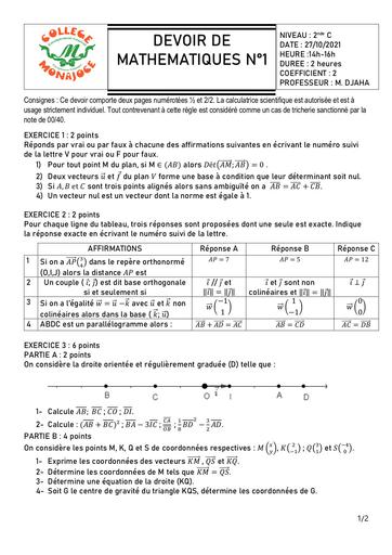 DEVOIR MATHS NIVEAU OCTOBRE 2022 SPECIAL VECTEURS 2nde C By DJAHA