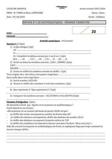 SUJET 6ième Devoir n°1 MATHS  6e 2025 by TEHUA