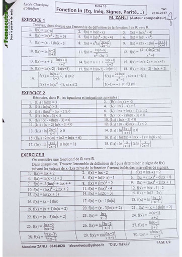 Sujets de Maths Fonction ln (Equation, Inéquation, Signes, Parité) niveau Terminale A1 - Lycée classique d'Abidjan