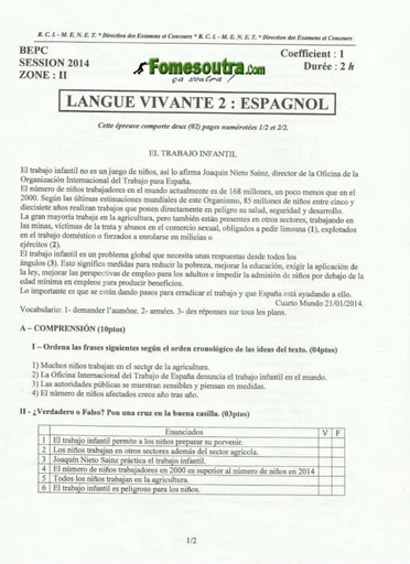 Sujet d'espagnol BEPC 2014 Zone 2