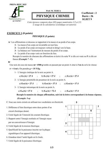 PREPA BEPC 2025 PC FICHE 9 BY TEHUA