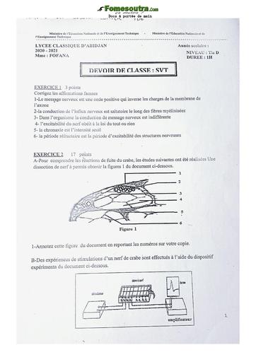 Devoir de SVT année scolaire 2020/21 niveau Terminale  - Lycée Classique d'Abidjan