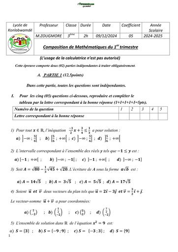 SUJET MATHS 3ième du Lycée Konlobwamdé 2025 by TEHUA