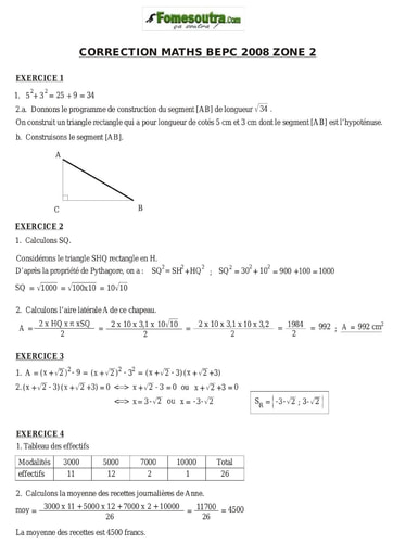 Corrigé de mathématique BEPC 2008 Zone 2