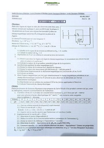 Sujet de Physique-Chimie Terminale D Lycée Classique Abidjan 2021-2022