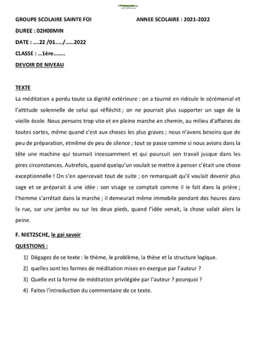 Devoir de Philosophie Niveau Première D 2021-2022