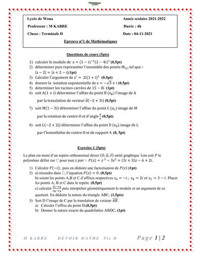 DEVOIR DE maths NIVEAU Tle D LYCEE DE WONA 2022 BY TEHUA