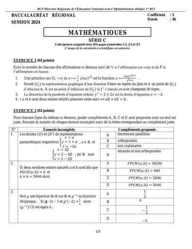 Sujet Bac blanc 2024 dren Abidjan 1 MATHS serie C by Tehua