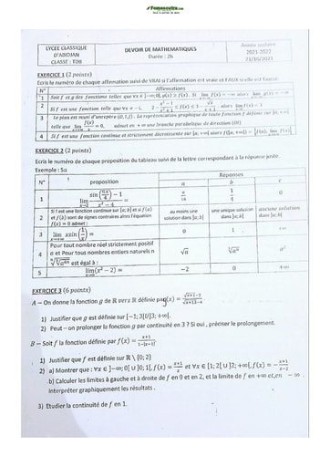 Sujet de  Math Terminale D Lycée Classique Abidjan 2021-2022