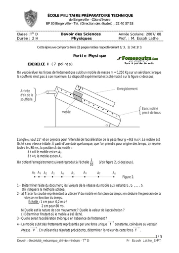 Devoir (17) Physique-Chimie niveau Terminale D - EMPT Bingerville