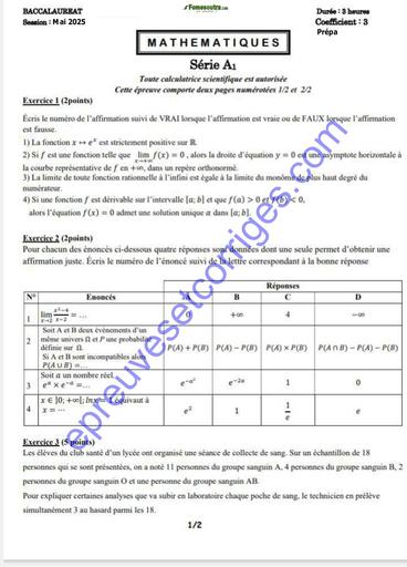PREPA BAC MAI 2025 MATHS SERIE A1 Mai 2025 SUJET+CORRIGE BY TEHUA
