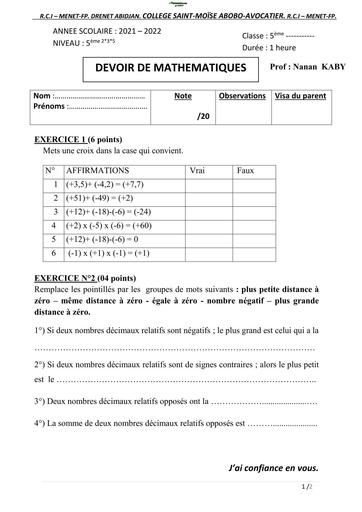 DEVOIR DE MATHS NIVEAU 5ème Saint moise  2021 2022  by TEHUA