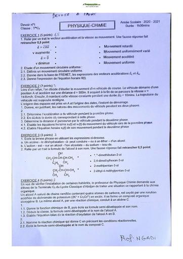 Sujets de Physique-Chimie Terminale C Lycée Classique 2022-2023