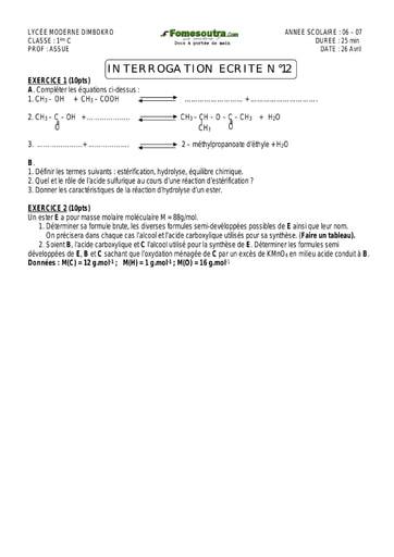 Interrogation (4) de Chimie (estérification) 1ère C Lycée Moderne de Dimbokro