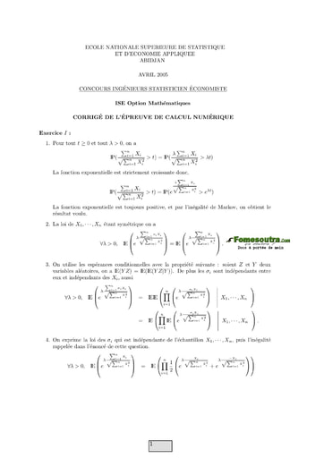 Corrigé Calcul numérique ISE option maths 2005 (ENSEA)