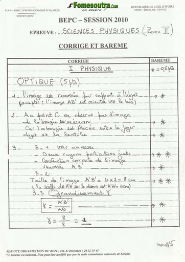 Corrigé de Physique Chimie BEPC 2010 zone 2