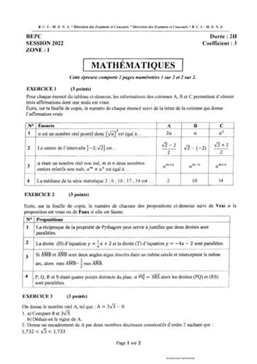 Tous les Sujets et corrigés de maths BEPC 2022 Zone 1,2 et 3 by SO