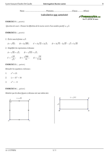 Interrogation (6) Racine carrée -  maths 3eme