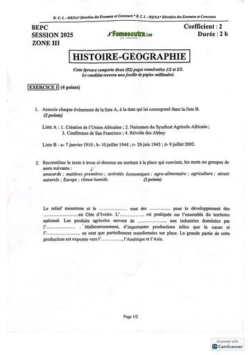 Bepc session 2025 Zone 3 sujet Histoire géographie Côte d'Ivoire by TEHUA