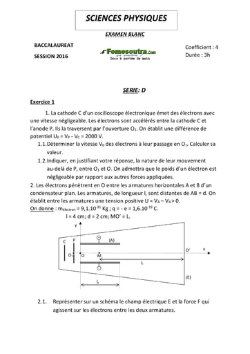 Sujet de Physique-Chimie BAC blanc serie D 2016- Cours du soir Educ-Coprim