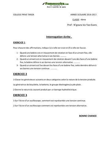 Interrogation de Physique-Chimie niveau 4eme - Collège Privé Tanda