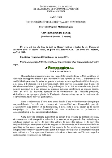 Sujet de Contraction de texte ITS B option Maths 2014 (ENSEA)