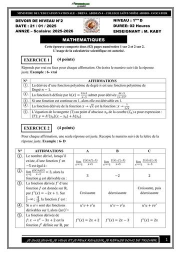 DEVOIR DE MATHS NIVEAU 1ière D N°2 (2 trimestre) 2026 by TEHUA
