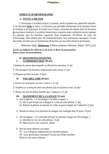 BEPC BLANC REGIONAL 2025 FRANCAIS ORTHOGRAPHE CORRIGE+BAREME BY TEHUA