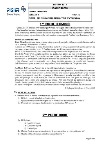 BTS blanc PIGIER economie droit filière industrielle