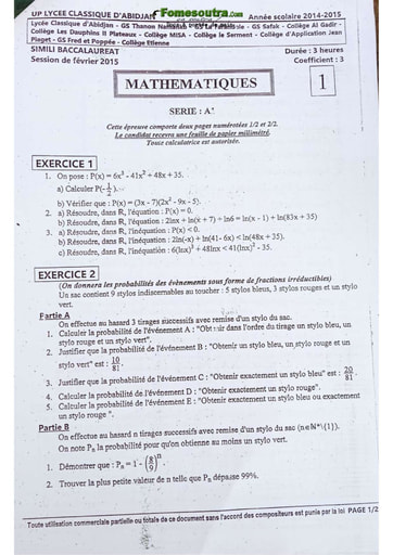 Sujets de Maths BAC blanc 2015 Terminale A1 - Lycée classique d'Abidjan