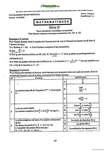 SUJET ET CORRIGE BAC BLANC 2023 MATHEMATIQUES SERIE D REGIONAL DE GAGNOA COTE D'IVOIRE