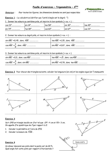 Feuille d'exercices de Trigonométrie – 3ème