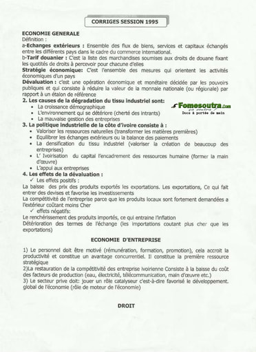 Corrigé d'Economie Générale - d'Economie Entreprise - De Droit des BAC G1 et G2 1995